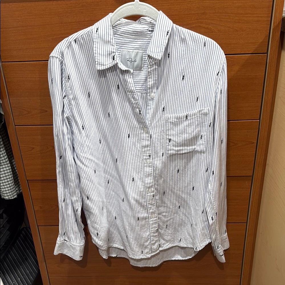 Rails Button Down Blouse Top Rosci Flocked Lightning Pinstripe Blue XS